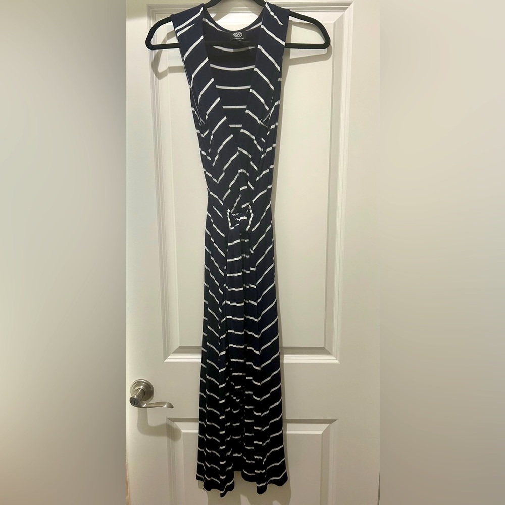 Navy and White Sleeveless Striped Maxi Dress